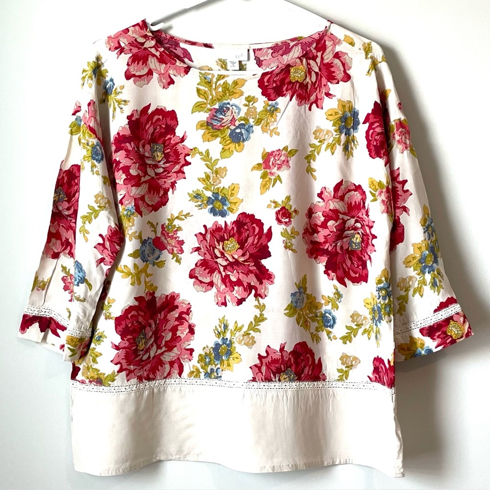 J Jill Women Size M Petite Floral Print Tunic Top Pink Lightweight 3/4 Sleeve